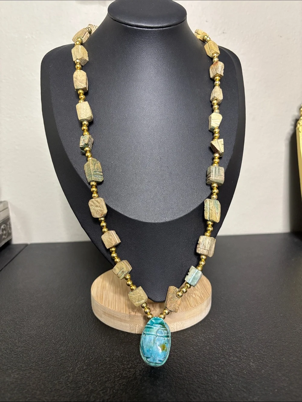 Handcrafted Scarab Blue-Green Stone Pendant Necklace with Gold Beads - Picture 1 of 7